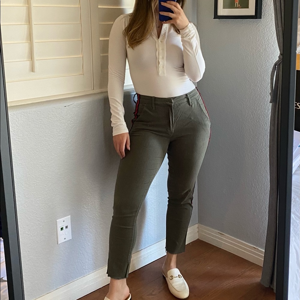 Pistola green pants with red stripes